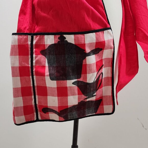 Kay Shannon Apron Red White Check Black Tea Coffee Pot Hand Made Vintage - Picture 5 of 6